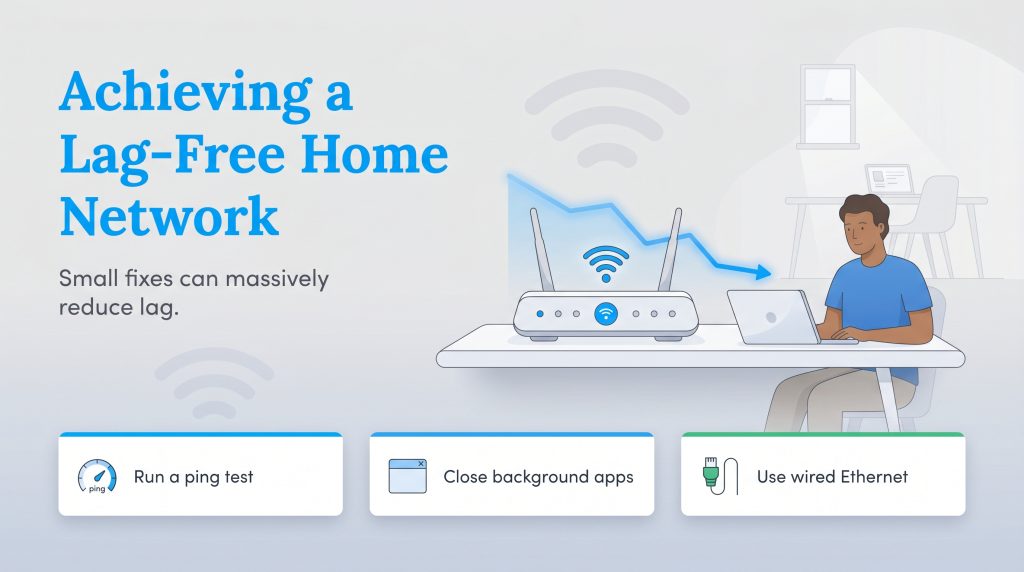 Infographic shows tips for a lag-free network: run a ping test, close apps, and use wired Ethernet.