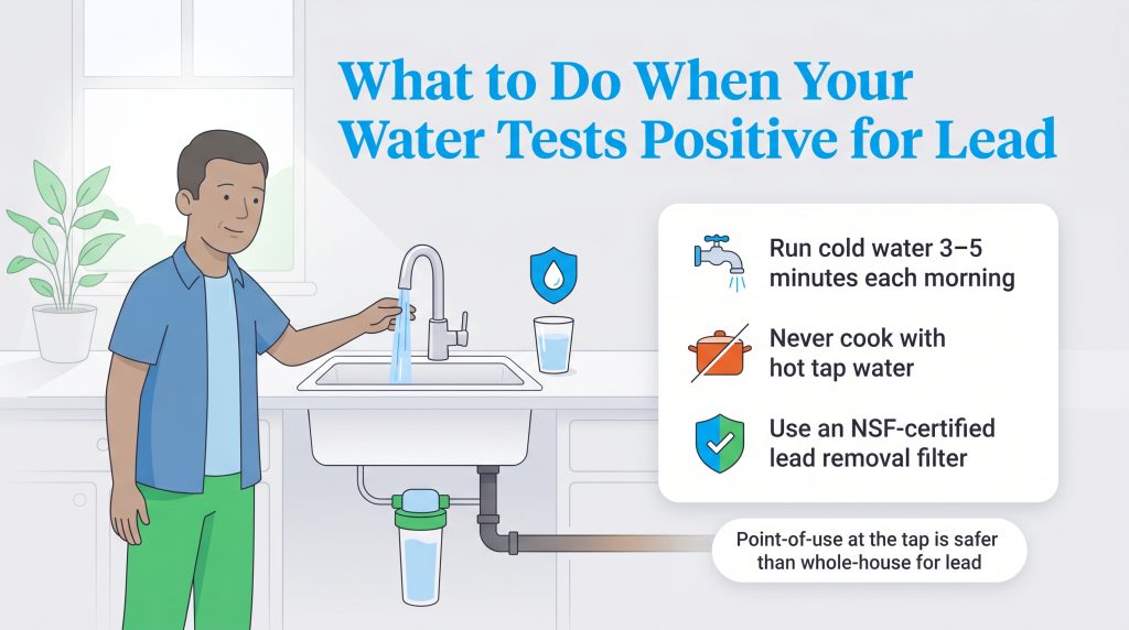 Infographic listing three immediate steps to take when home water tests positive for lead.