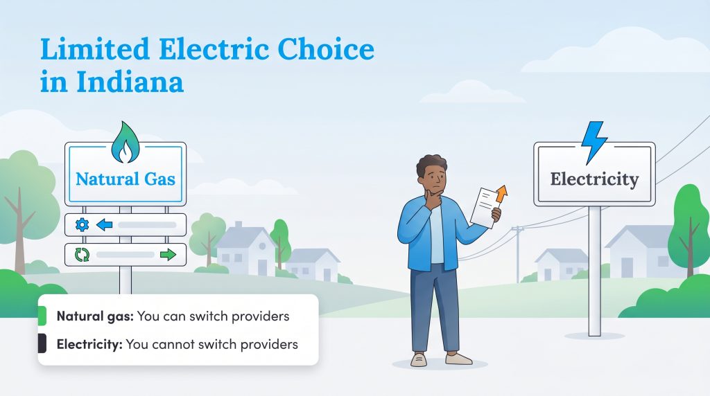 A man looks at signs showing you can switch natural gas providers but not electricity in Indiana.