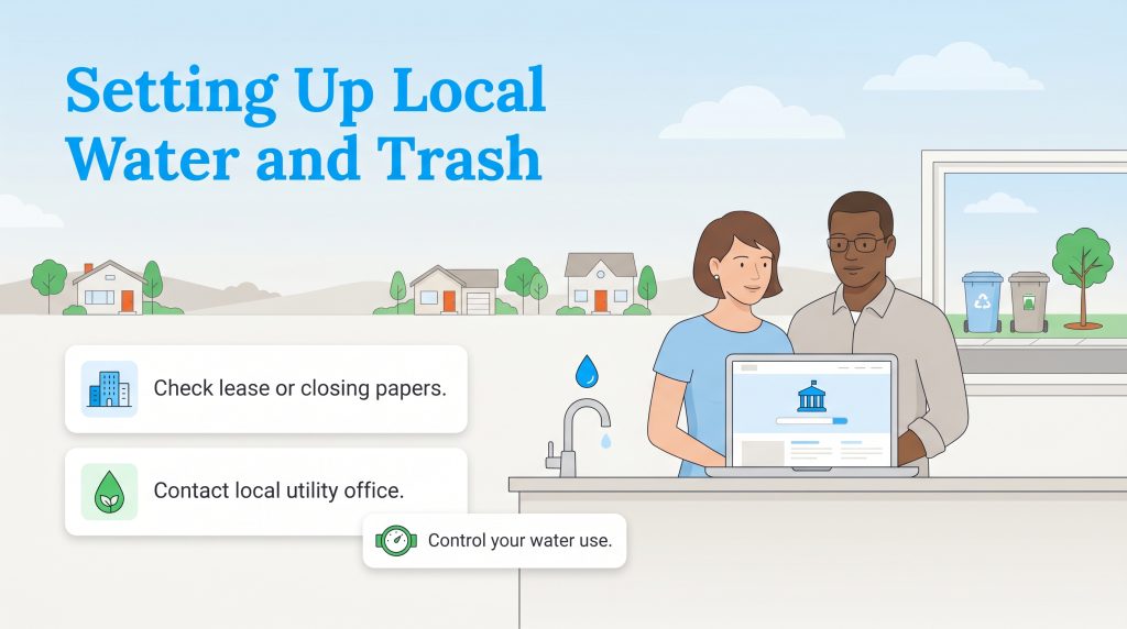 Couple uses a laptop to set up local water and trash. Steps shown: check papers, contact office, control use.