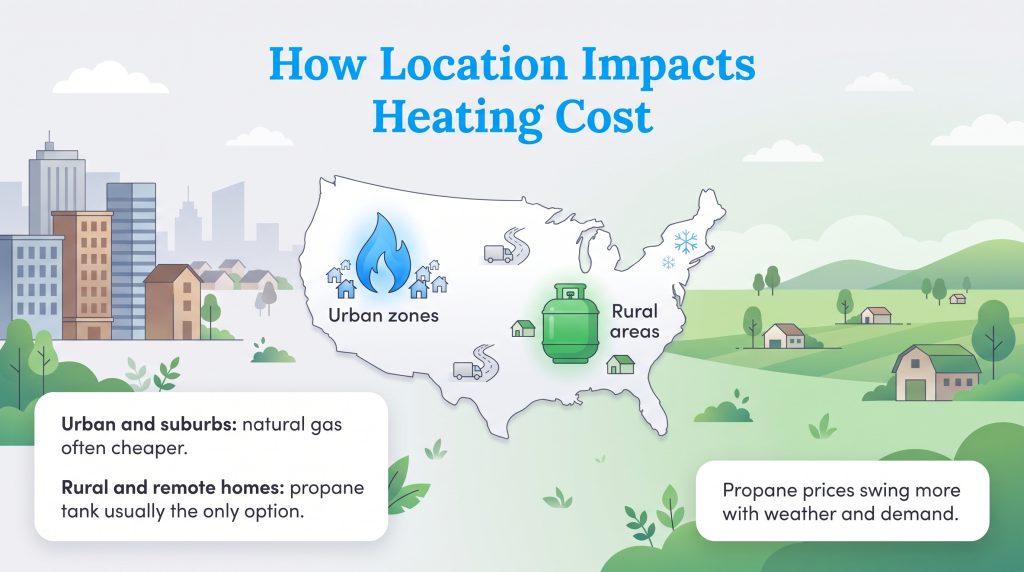 Map infographic: Natural gas is often cheaper for urban areas; propane is usually the only option for rural homes and prices swing more.