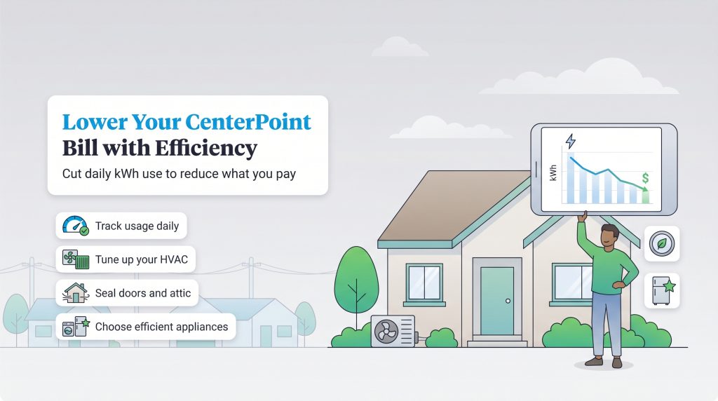 Infographic showing a person monitoring a decreasing energy usage graph and four tips for lowering a CenterPoint bill.