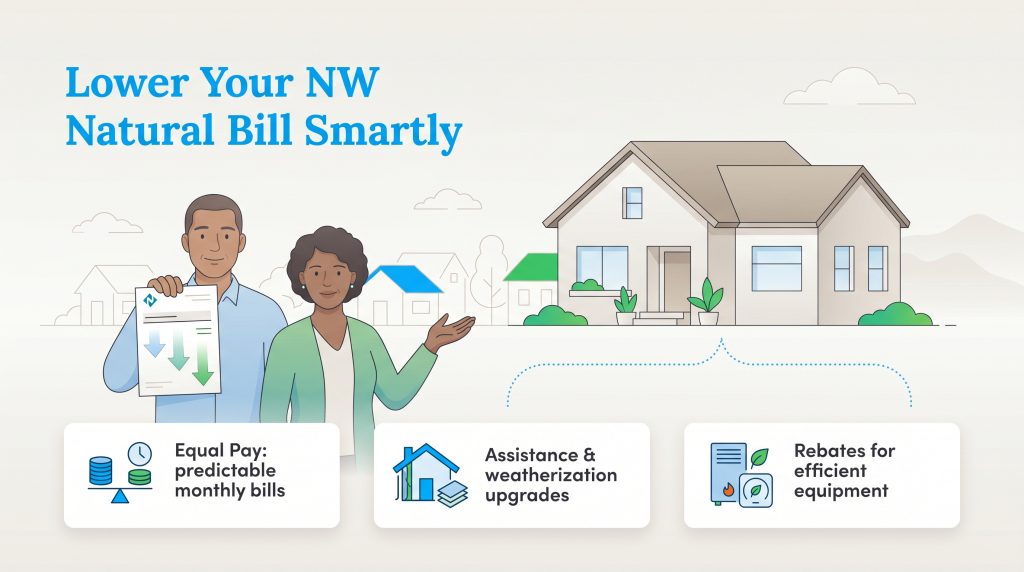 Infographic showing ways to lower NW Natural bills: Equal Pay, weatherization assistance, and rebates.