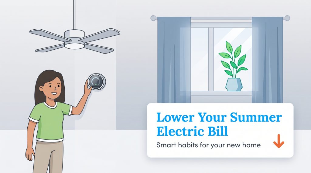 Woman adjusts a smart thermostat in a room with a ceiling fan and closed curtains.