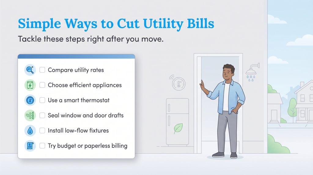 Checklist infographic showing six simple steps to lower utility bills after moving.