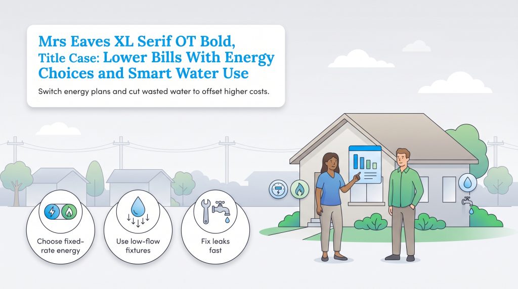 Graphic about lowering bills through energy choices and water conservation, with icons and a couple at a house.