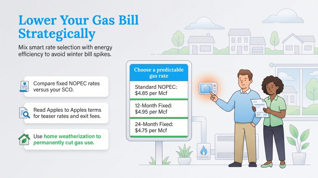 Infographic details steps to lower gas bills: compare rates, check terms, and use home weatherization.