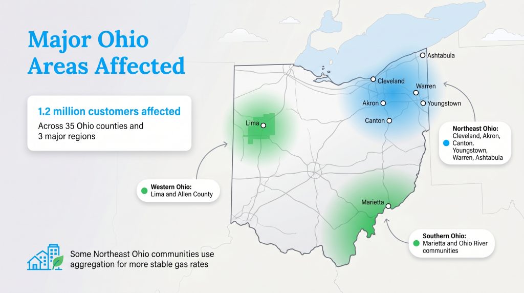 Map of Ohio highlighting Northeast, Western, and Southern regions affected by a rate adjustment.
