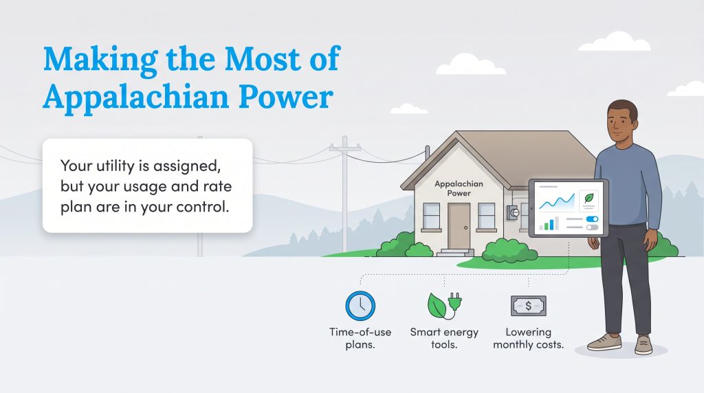 Illustration of a man using digital tools to control Appalachian Power usage and lower costs.