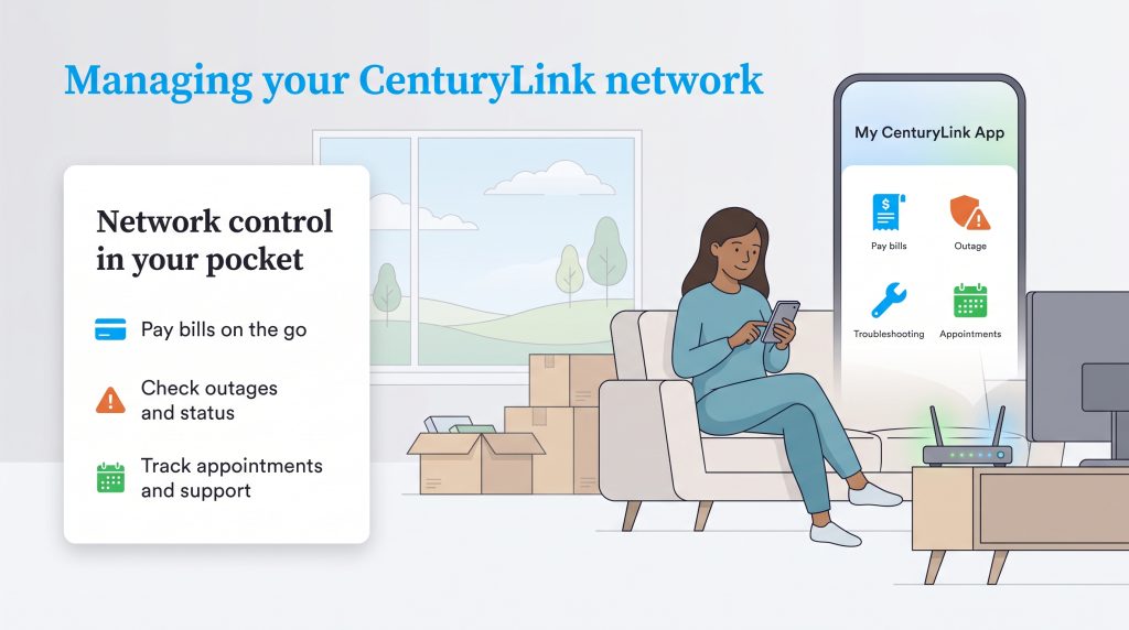 Illustration of the My CenturyLink app features for paying bills, checking outages, and appointments.