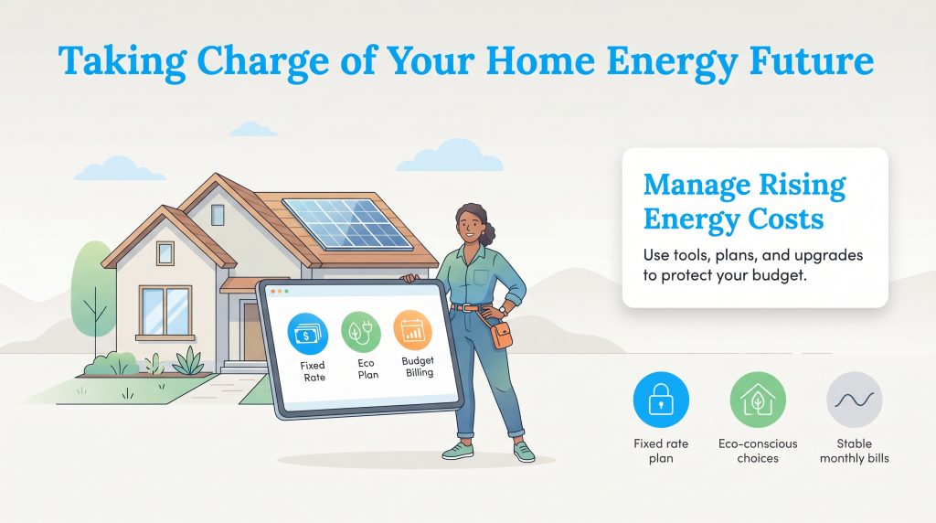 Woman with tablet displaying energy plans standing in front of a house with solar panels.