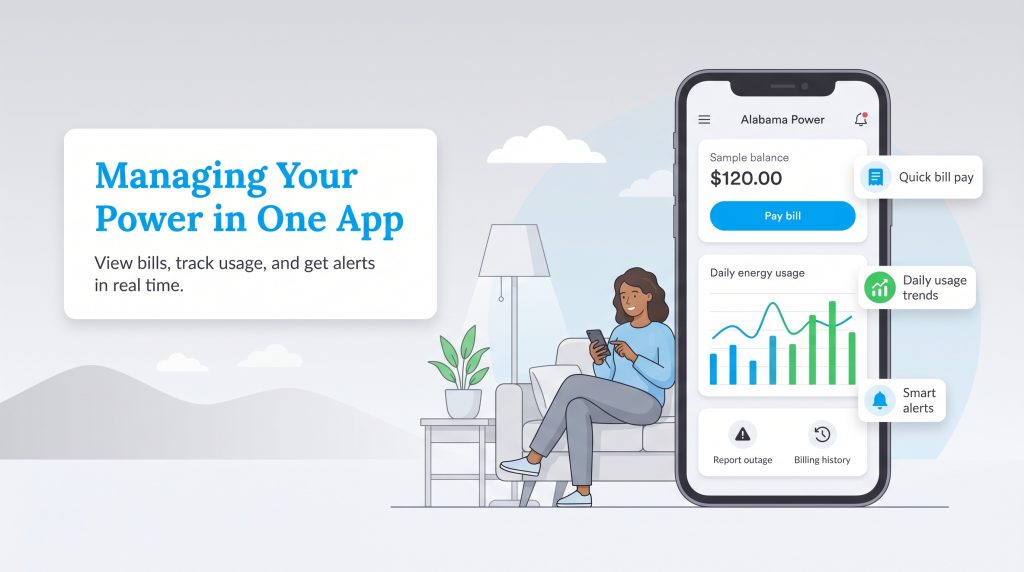 A woman uses a smartphone with the Alabama Power app, showing bill pay, usage, and alert features.