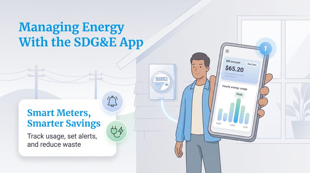 A man uses the SDG&E smartphone app to track energy usage, with a smart meter on a house.