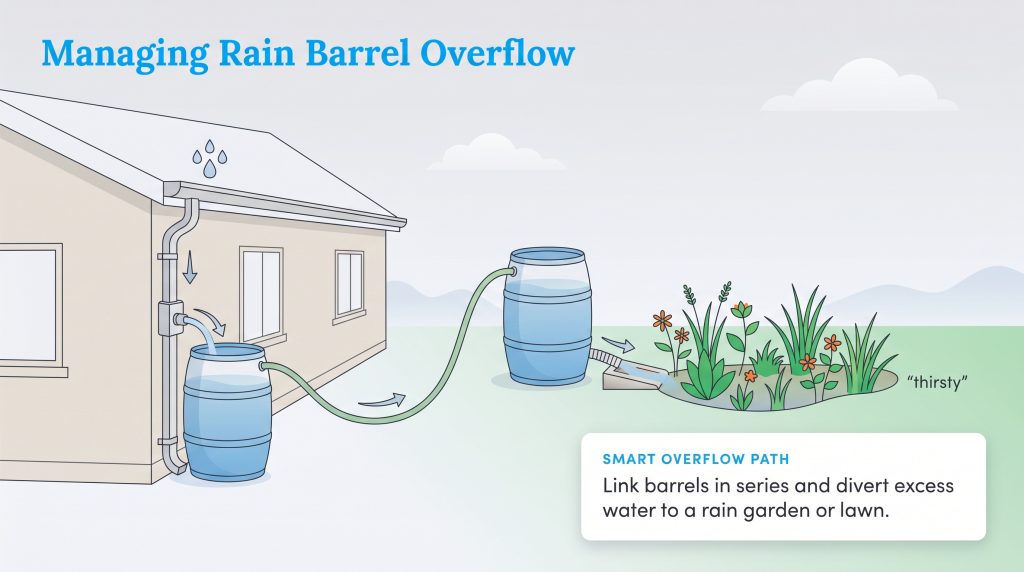 Diagram showing linked rain barrels directing overflow water into a rain garden away from the house foundation.