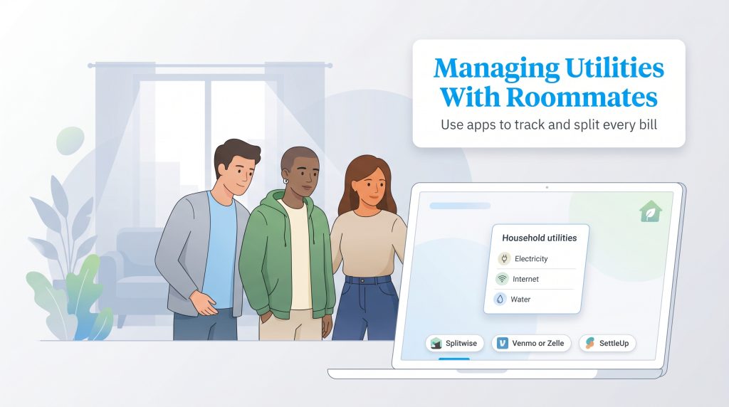 Three roommates view a laptop screen showing utility bill management and splitting apps.