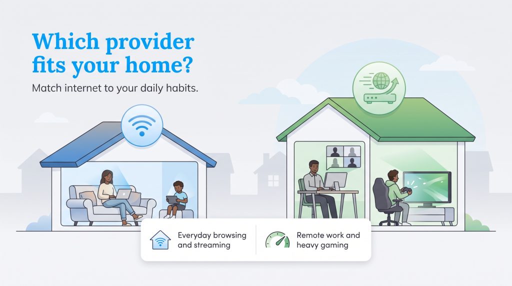 An illustration comparing two homes' internet needs: one for casual use, the other for work and gaming.