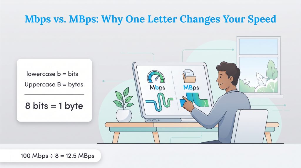 Illustration showing the difference between Mbps (megabits) and MBps (megabytes) and how to convert them.