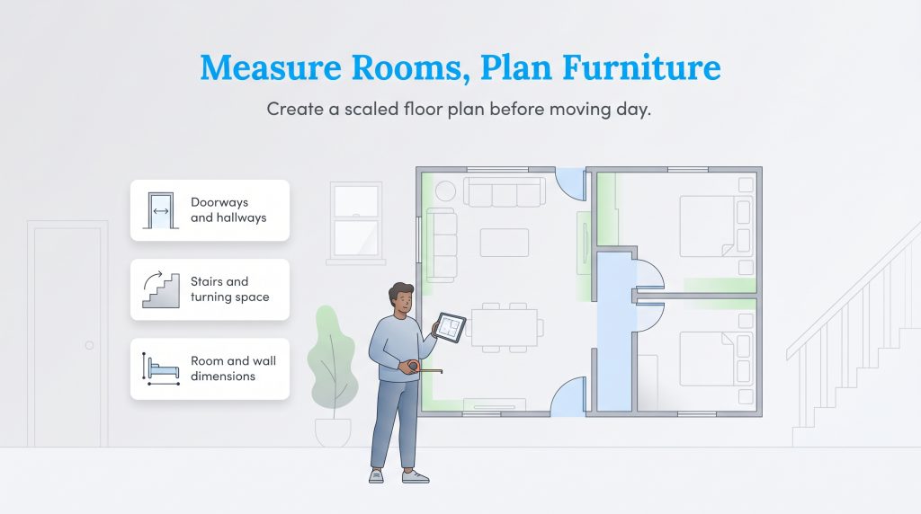 A person with a tablet and measuring tape stands next to a floor plan with labels for measuring doorways, stairs, and rooms.