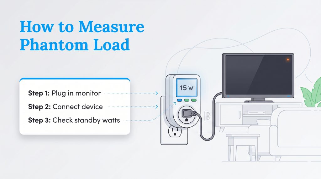 Diagram illustrates steps to measure phantom load using an electricity usage monitor with a TV.