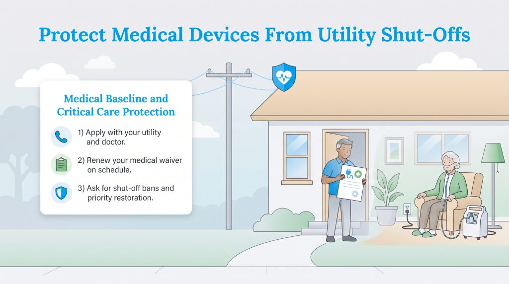 Infographic on securing a medical baseline and critical care protection to prevent utility shut-offs.