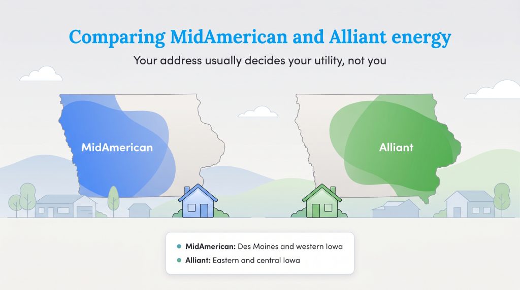 Infographic showing MidAmerican Energy's service area in western Iowa and Alliant's in eastern Iowa.