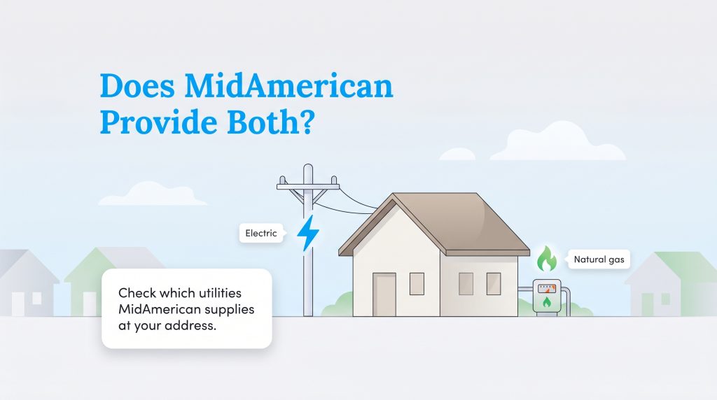 Illustration of a house connected to an electric pole and a natural gas meter, prompting to check MidAmerican service availability.