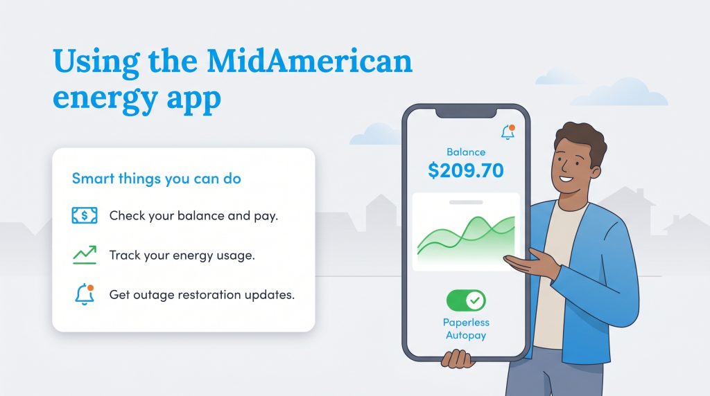 Man holding smartphone with MidAmerican Energy app dashboard and a list of its features.