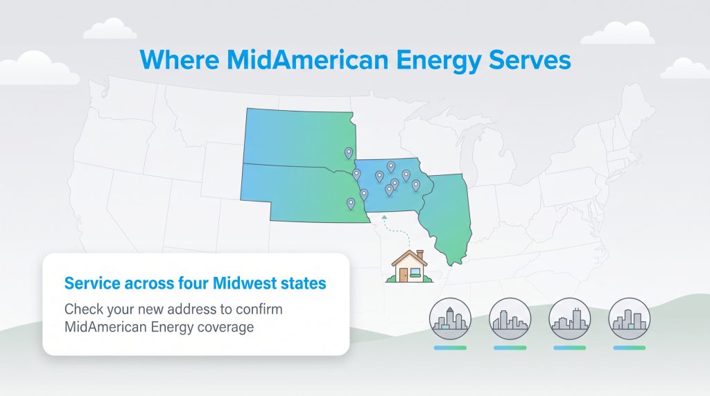 A map showing MidAmerican Energy service coverage in Iowa, Illinois, South Dakota, and Nebraska.