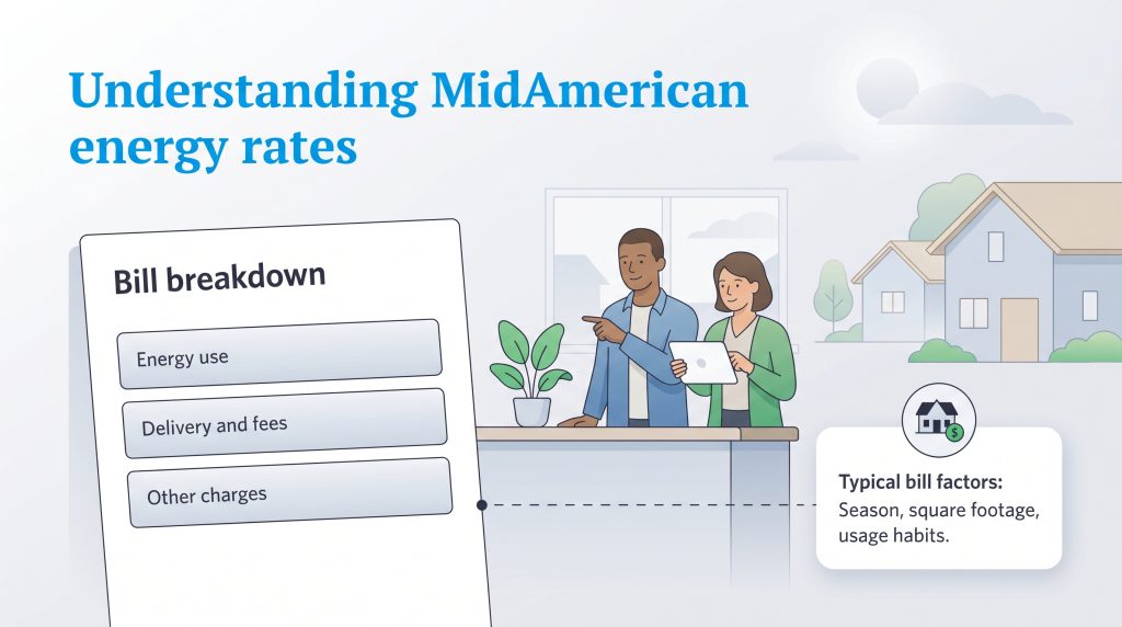 Illustration of a couple reviewing a MidAmerican bill breakdown and factors affecting energy costs.