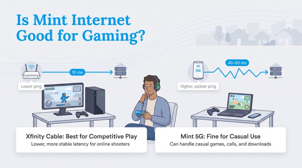 Infographic comparing Xfinity Cable's low ping for competitive gaming versus Mint 5G's higher ping for casual use.