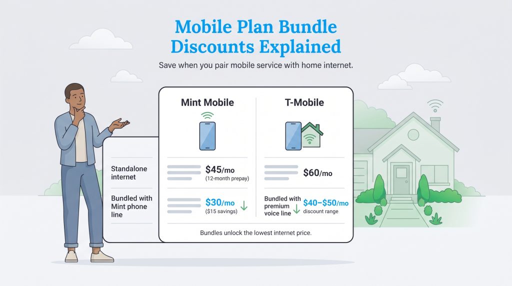 Infographic comparing standalone vs. bundled home internet pricing for Mint Mobile and T-Mobile.