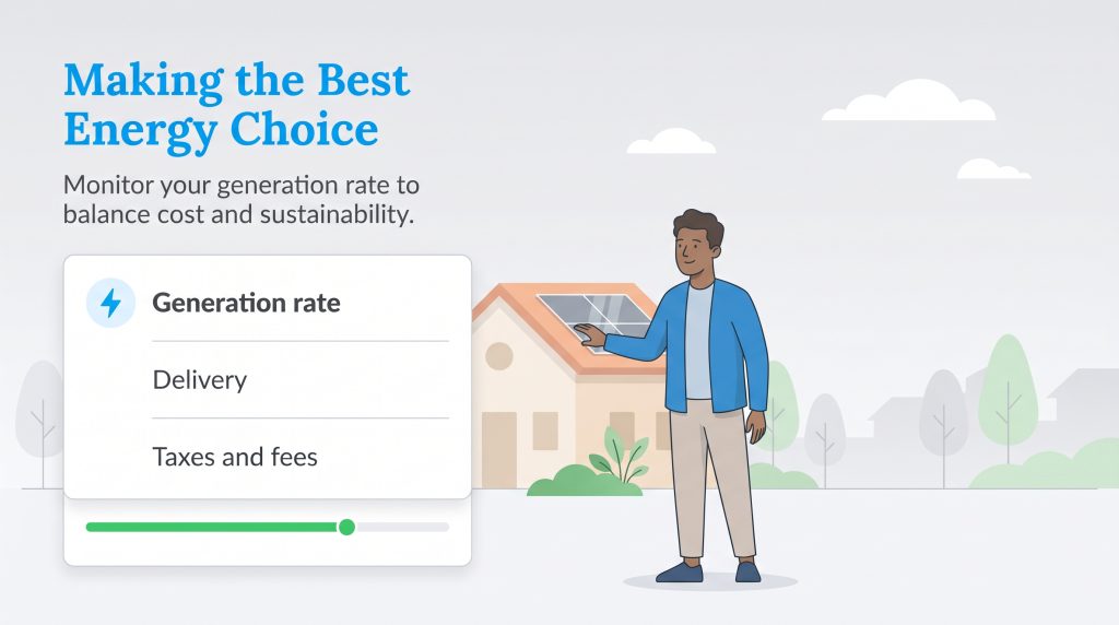 A person monitors a generation rate slider on a screen next to a house with solar panels.