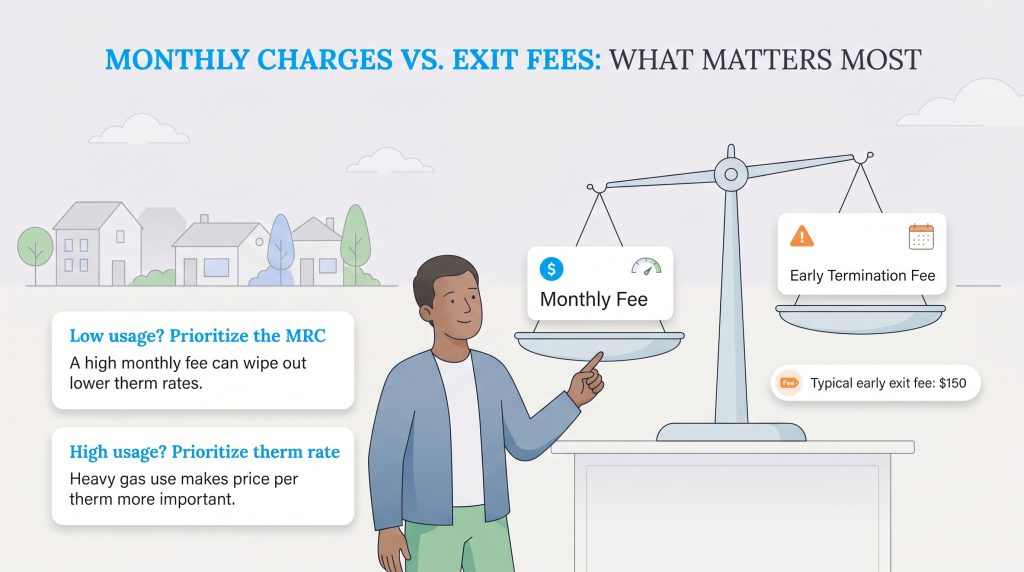 Infographic comparing monthly gas fees versus early termination fees on a scale, with usage advice.