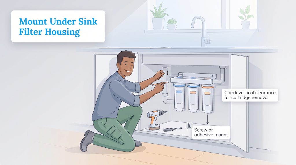 A man kneeling under a sink marks the cabinet wall for an under-sink water filter installation, with tools nearby.
