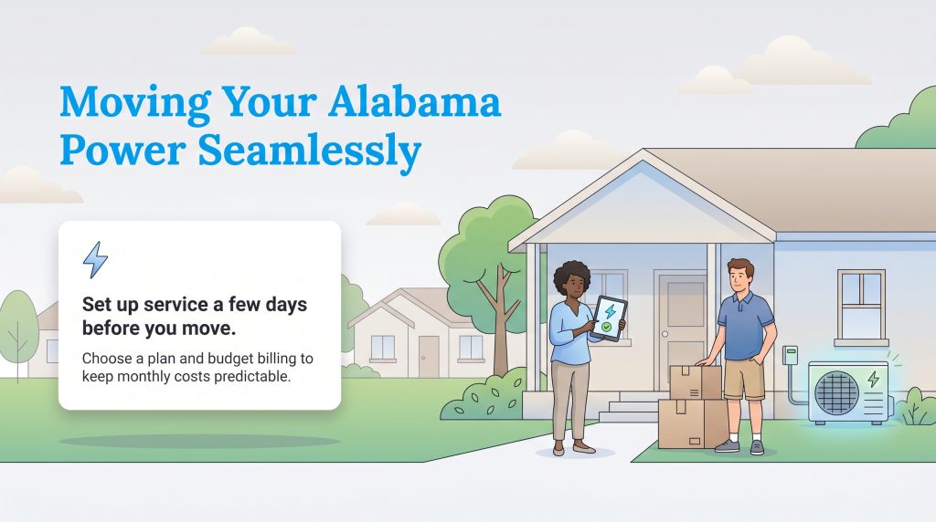 Couple moving into an Alabama home, with text advising to set up power service days before the move.