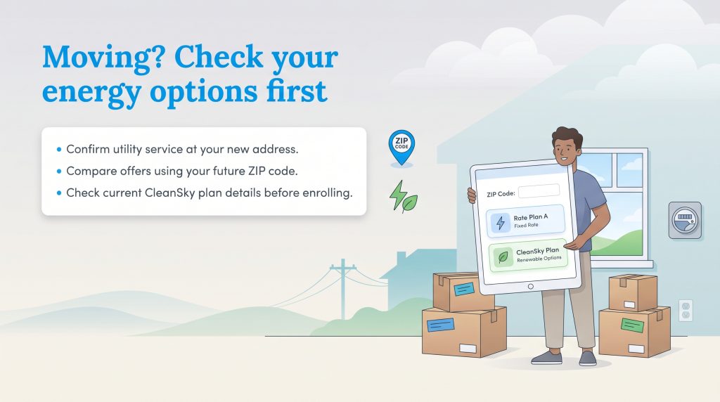 Infographic about checking energy options when moving, featuring a checklist and comparison tablet.