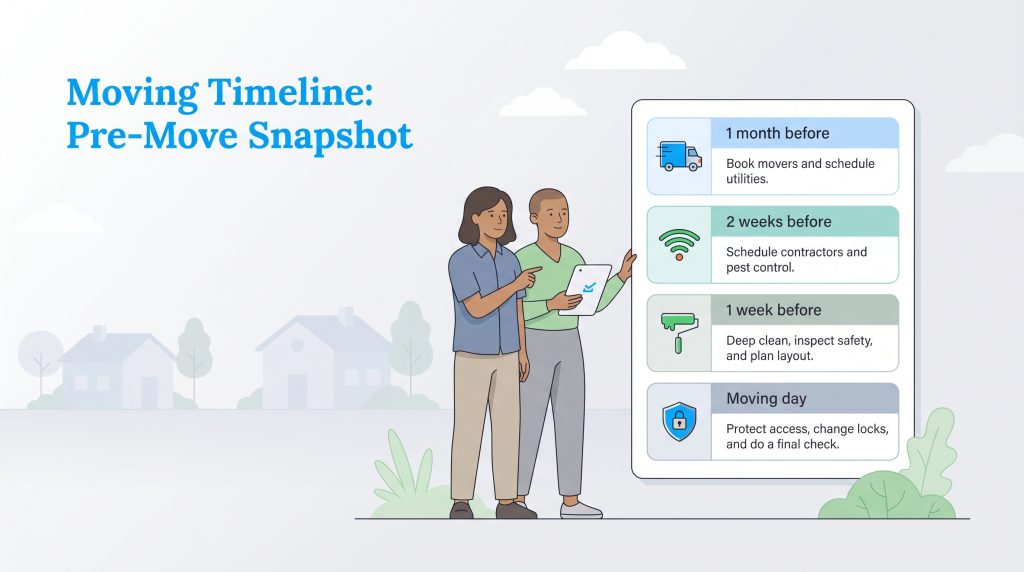 A couple views a four-step moving timeline on a tablet, detailing tasks from one month before to moving day.