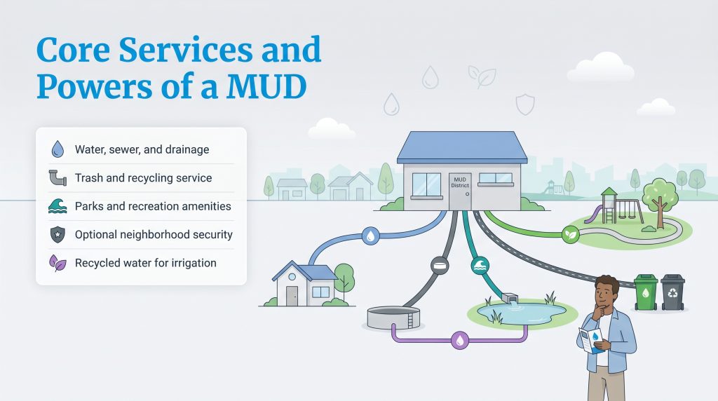 Diagram showing MUD services including water, trash, parks, security, and recycled irrigation.