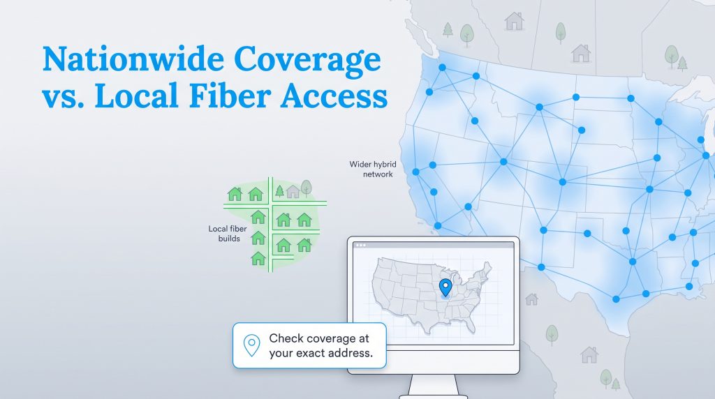 Illustration contrasting wide hybrid internet coverage with limited local fiber availability.