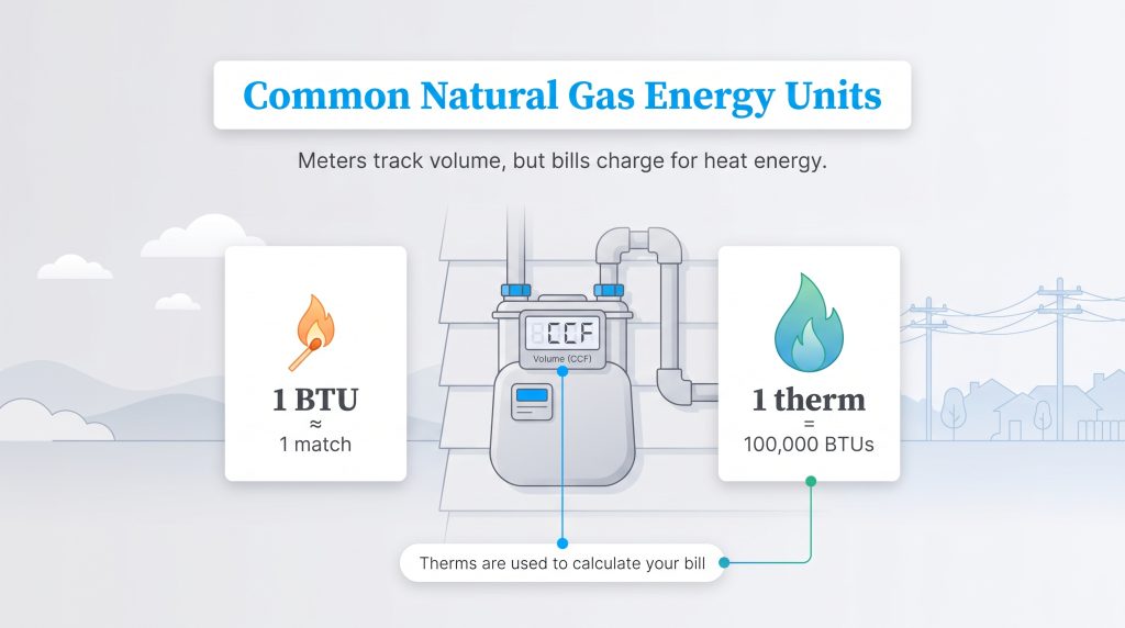 Infographic showing meters track volume, but bills are calculated with therms, a heat energy unit.