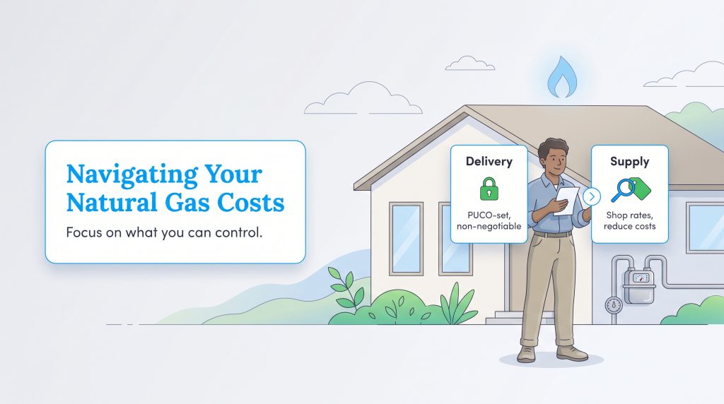 Illustration showing how to navigate natural gas costs by separating delivery from supply.
