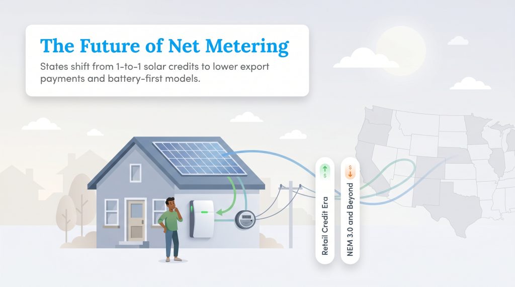 Infographic of a house with solar and battery, illustrating the shift from retail credits to NEM 3.0.