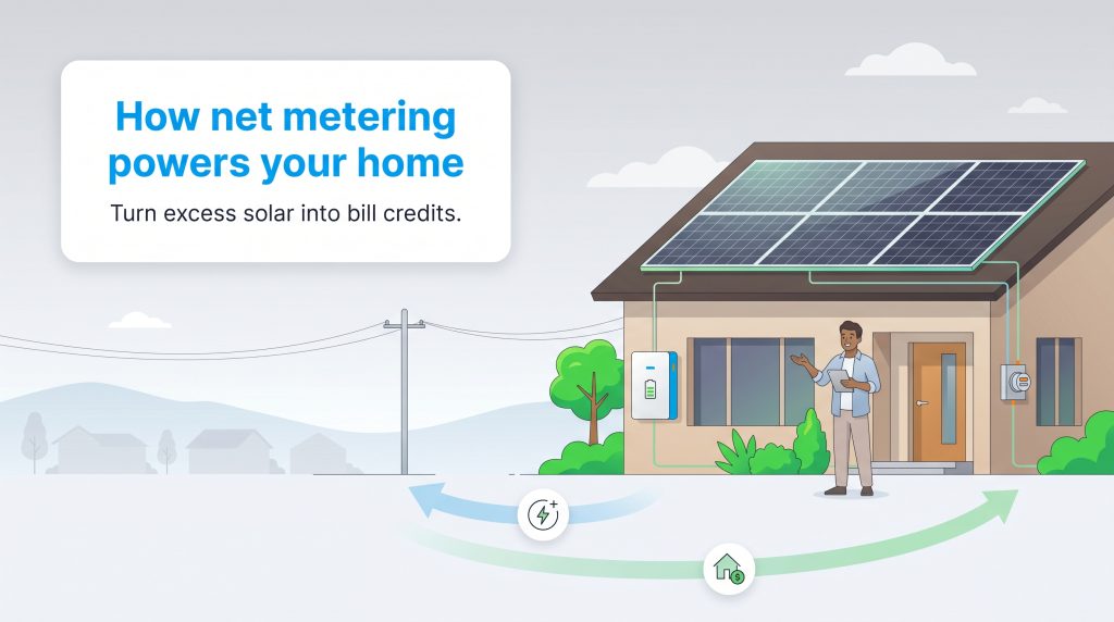 Illustration of a solar-powered home sending electricity to the grid and receiving financial credits.