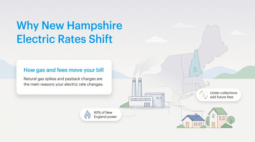 Infographic showing how natural gas prices and under-collection fees cause New Hampshire electric rates to change.