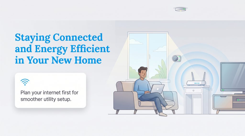 Man on couch using laptop with Wi-Fi router and smart devices in a new home setting.