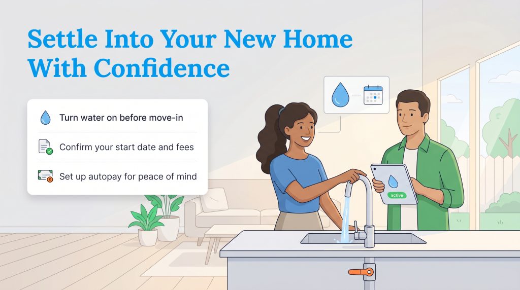 Couple in new home kitchen checking water service on tablet with tips for setting up utilities.