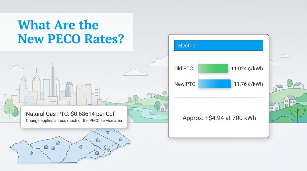 Infographic illustrating the increase in PECO's electric and natural gas rates, including a comparison of old versus new electric PTC and a map of the service area.