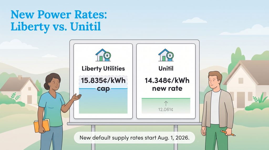Billboard comparison: Liberty Utilities capped at 15.835¢/kWh; Unitil new rate is 14.348¢/kWh.