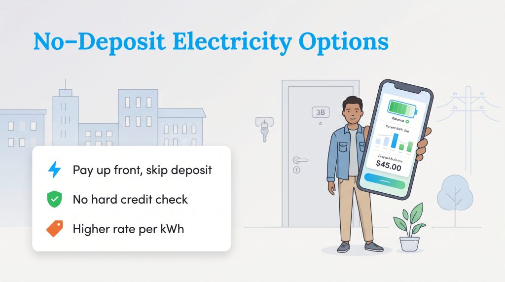 Man outside apartment holds phone showing prepaid electricity app, with a list of no-deposit features and trade-offs.