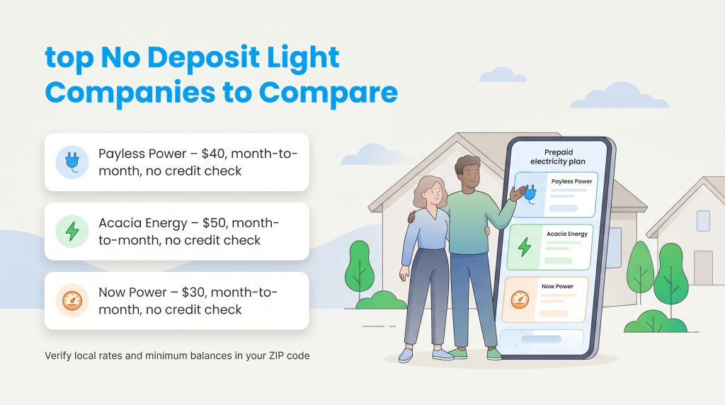 Compares prepaid no-deposit plans: Payless Power ($40), Acacia Energy ($50), and Now Power ($30).